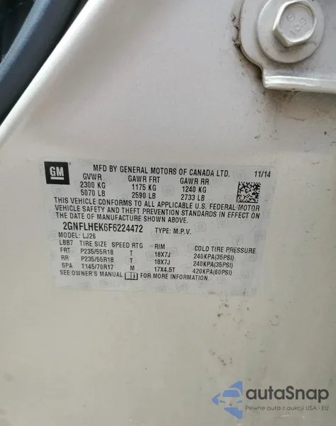 2015 Chevrolet Equinox Ltz z USA, uszkodzony, nr VIN 2GNFLHEK6F6224472